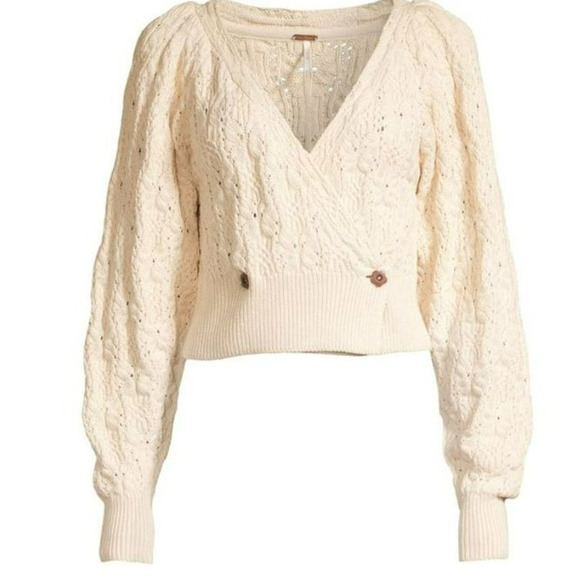 FREE People Olive You Butterfly-Knit Relaxed Fit Crop Faux Wrap Cardigan Size S - Picture 3 of 6